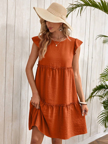 EMERY ROSE Women's Casual Round Neck Ruffled Sleeve Loose Vacation Dress