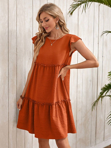 EMERY ROSE Women's Casual Round Neck Ruffled Sleeve Loose Vacation Dress