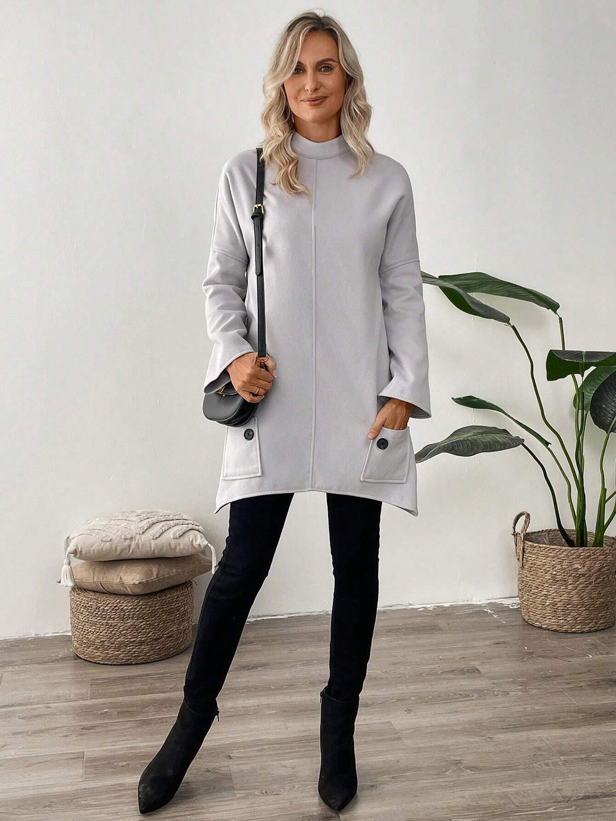 EMERY ROSE Women's Casual Solid Color Stand Collar Short Dress, Autumn/Winter