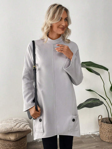 EMERY ROSE Women's Casual Solid Color Stand Collar Short Dress, Autumn/Winter