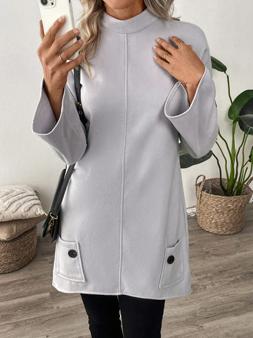 EMERY ROSE Women's Casual Solid Color Stand Collar Short Dress, Autumn/Winter