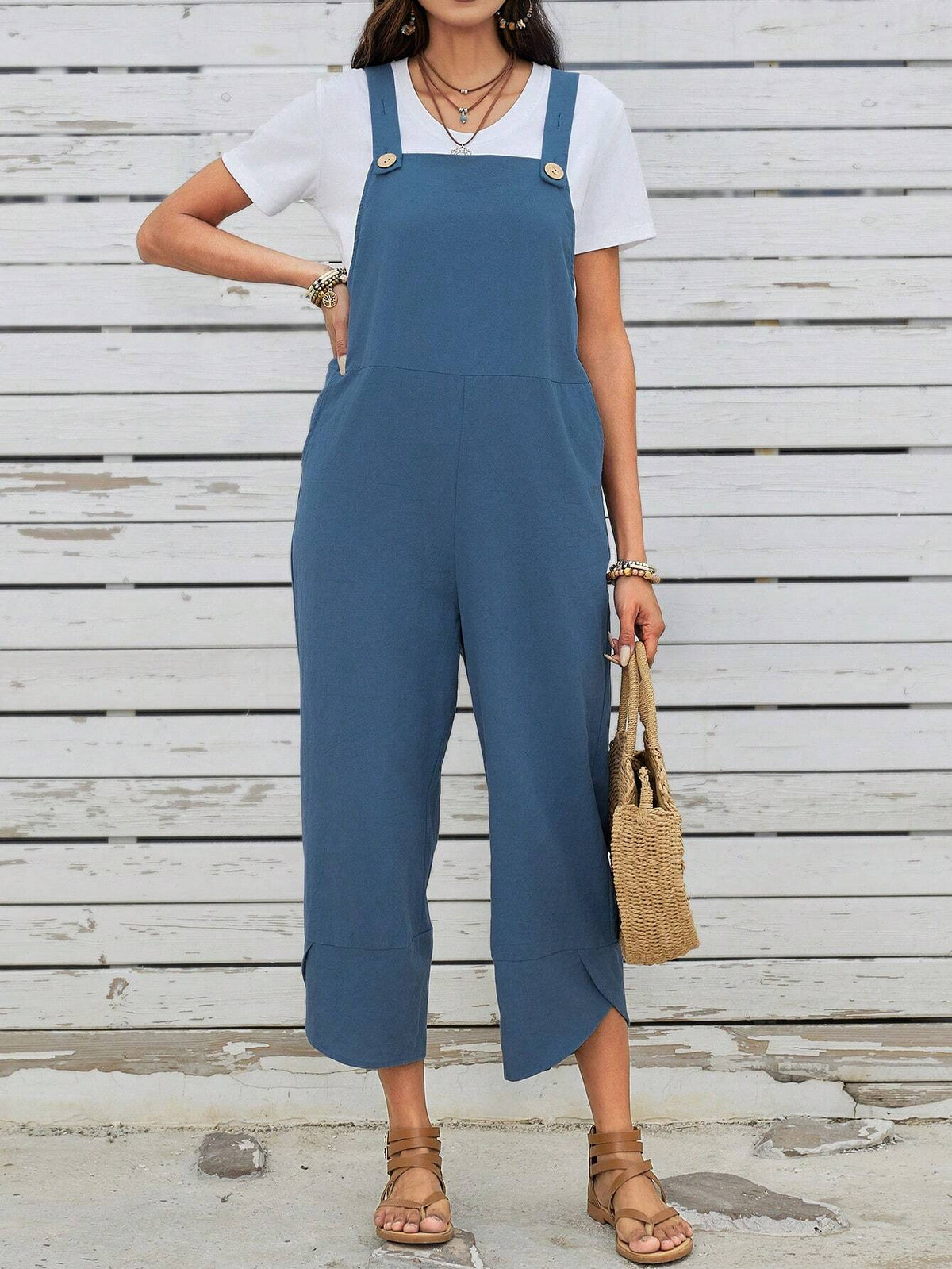 EMERY ROSE Women's Casual Style Wide Leg Jumpsuit With Detachable Shoulder Strap And Pockets