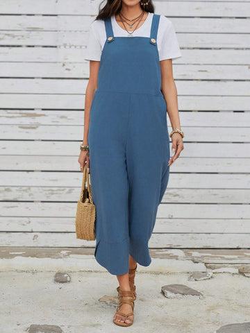 EMERY ROSE Women's Casual Style Wide Leg Jumpsuit With Detachable Shoulder Strap And Pockets