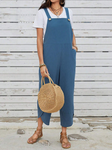 EMERY ROSE Women's Casual Style Wide Leg Jumpsuit With Detachable Shoulder Strap And Pockets