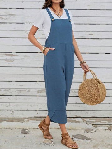 EMERY ROSE Women's Casual Style Wide Leg Jumpsuit With Detachable Shoulder Strap And Pockets