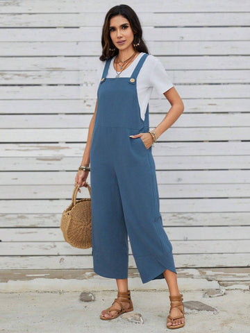 EMERY ROSE Women's Casual Style Wide Leg Jumpsuit With Detachable Shoulder Strap And Pockets