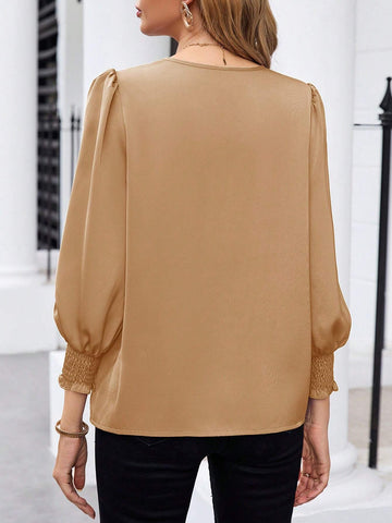 EMERY ROSE Women's Casual V-Neck Lantern Sleeve Elegant Simple Blouse, Autumn