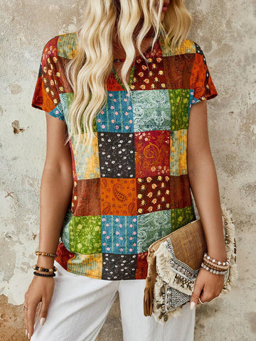 EMERY ROSE Women's Casual Vintage Printed Short Sleeve Shirt With Lockhole Neckline For Spring And Summer