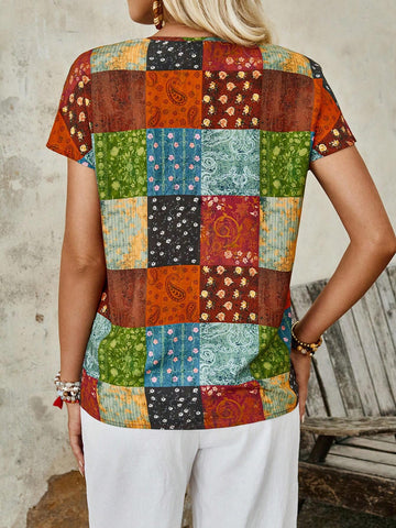 EMERY ROSE Women's Casual Vintage Printed Short Sleeve Shirt With Lockhole Neckline For Spring And Summer