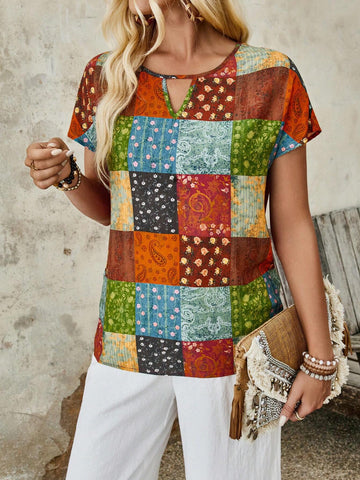 EMERY ROSE Women's Casual Vintage Printed Short Sleeve Shirt With Lockhole Neckline For Spring And Summer