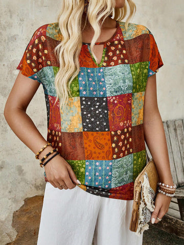 EMERY ROSE Women's Casual Vintage Printed Short Sleeve Shirt With Lockhole Neckline For Spring And Summer