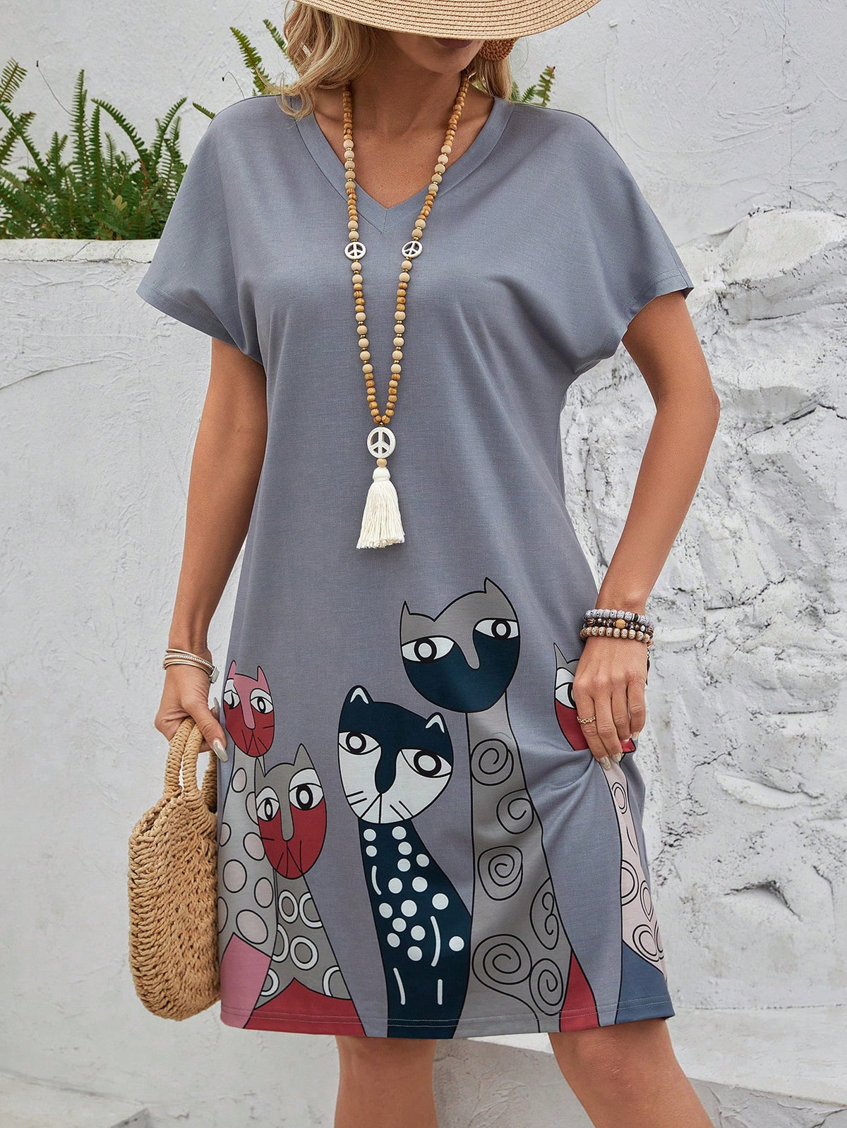 EMERY ROSE Women's Cat Printed Mini A-Line Dress Summer, Casual