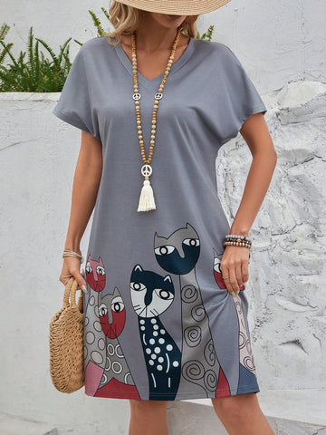 EMERY ROSE Women's Cat Printed Mini A-Line Dress Summer, Casual