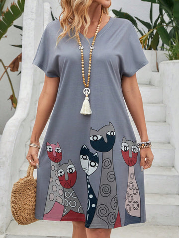 EMERY ROSE Women's Cat Printed Mini A-Line Dress Summer, Casual