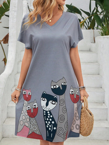 EMERY ROSE Women's Cat Printed Mini A-Line Dress Summer, Casual