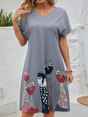 EMERY ROSE Women's Cat Printed Mini A-Line Dress Summer, Casual