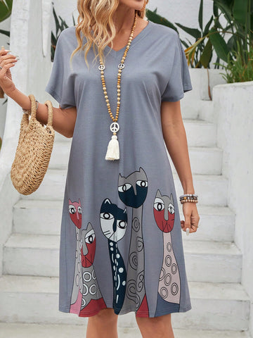 EMERY ROSE Women's Cat Printed Mini A-Line Dress Summer, Casual