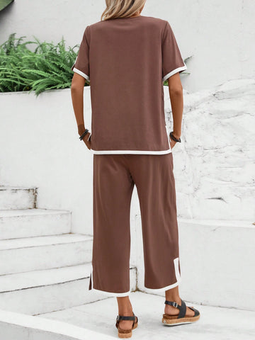 EMERY ROSE Women's Color Block Simple Daily Wear 2-Piece Set For Summer