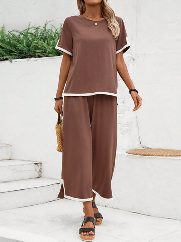 EMERY ROSE Women's Color Block Simple Daily Wear 2-Piece Set For Summer