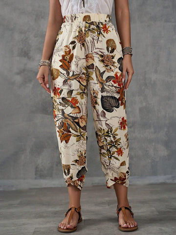 EMERY ROSE Women's Country Style Plant & Floral Printed Ankle Length Pants