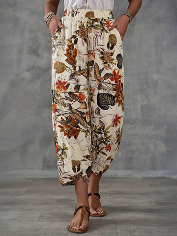 EMERY ROSE Women's Country Style Plant & Floral Printed Ankle Length Pants