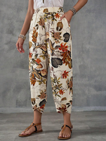 EMERY ROSE Women's Country Style Plant & Floral Printed Ankle Length Pants