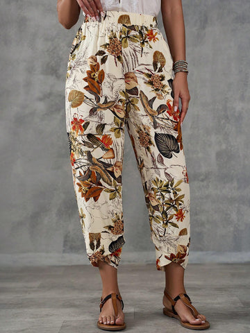 EMERY ROSE Women's Country Style Plant & Floral Printed Ankle Length Pants