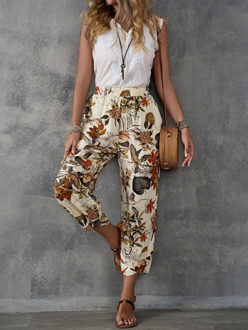 EMERY ROSE Women's Country Style Plant & Floral Printed Ankle Length Pants