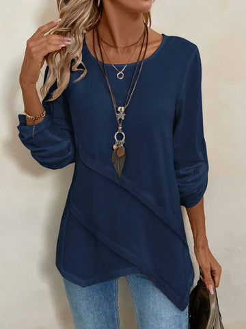 EMERY ROSE Women's Crew Neck Asymmetrical Hem White Shirt