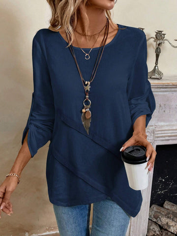 EMERY ROSE Women's Crew Neck Asymmetrical Hem White Shirt