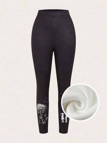 EMERY ROSE Women's Dandelion Pattern Long High Waist Leggings With Double-sided Fleece