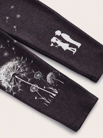 EMERY ROSE Women's Dandelion Pattern Long High Waist Leggings With Double-sided Fleece