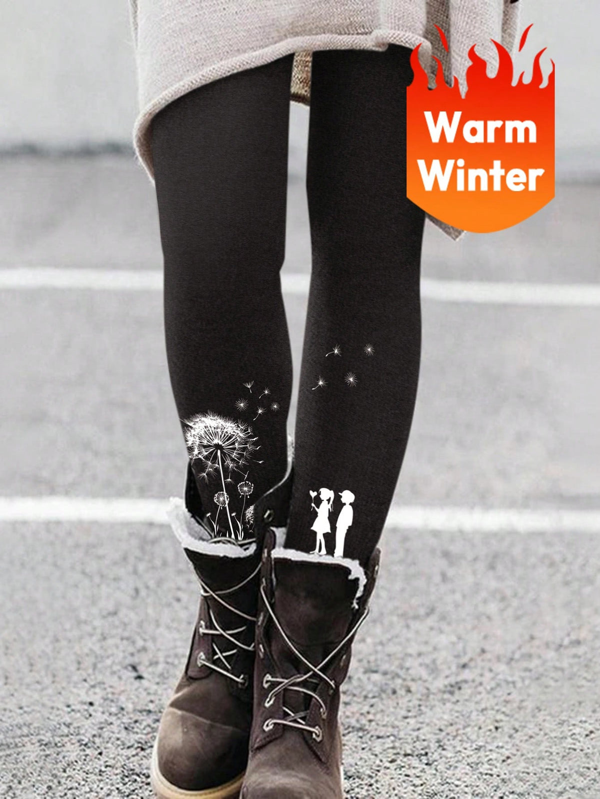 EMERY ROSE Women's Dandelion Pattern Long High Waist Leggings With Double-sided Fleece