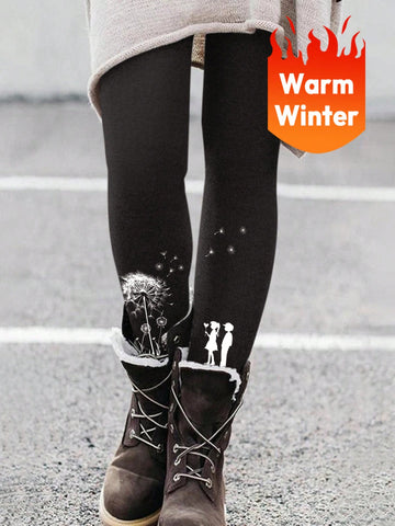 EMERY ROSE Women's Dandelion Pattern Long High Waist Leggings With Double-sided Fleece