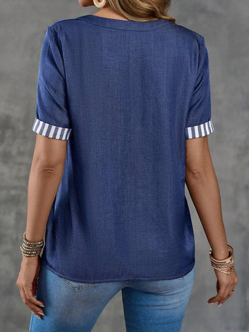 EMERY ROSE Women's Denim Blue Splice Striped Short-Sleeve Shirt