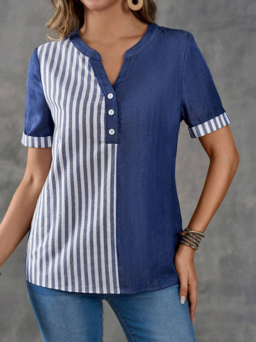 EMERY ROSE Women's Denim Blue Splice Striped Short-Sleeve Shirt