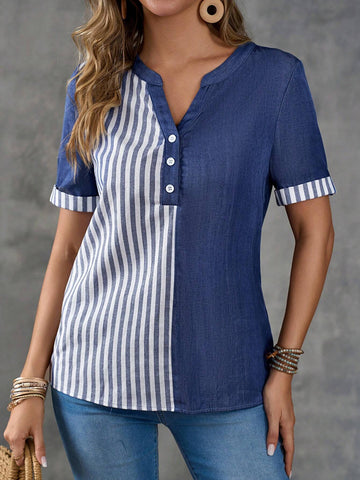 EMERY ROSE Women's Denim Blue Splice Striped Short-Sleeve Shirt