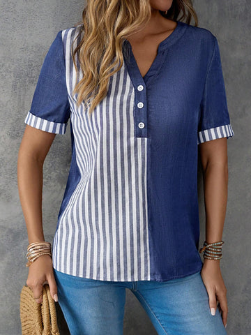 EMERY ROSE Women's Denim Blue Splice Striped Short-Sleeve Shirt