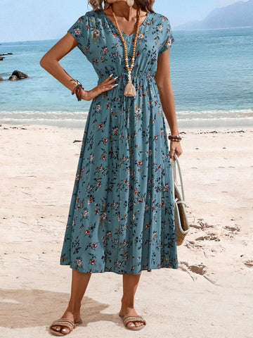 EMERY ROSE Women's Ditsy Floral Beach Vacation Dress With Cinched Waist