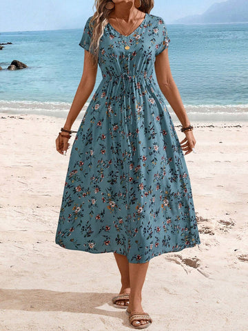 EMERY ROSE Women's Ditsy Floral Beach Vacation Dress With Cinched Waist