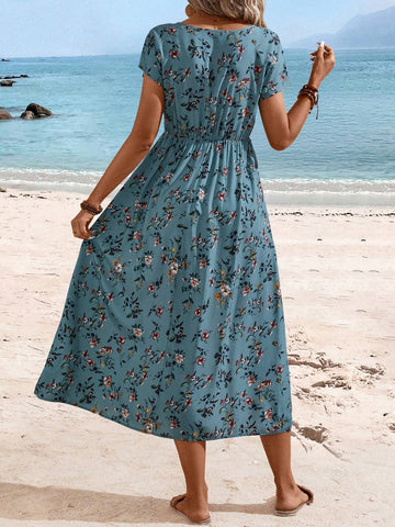 EMERY ROSE Women's Ditsy Floral Beach Vacation Dress With Cinched Waist