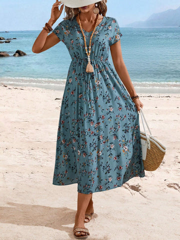 EMERY ROSE Women's Ditsy Floral Beach Vacation Dress With Cinched Waist