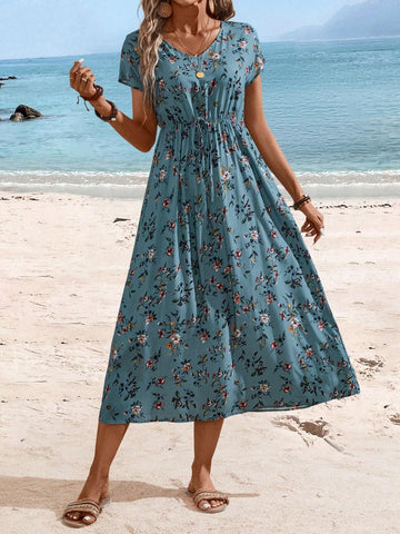 EMERY ROSE Women's Ditsy Floral Beach Vacation Dress With Cinched Waist