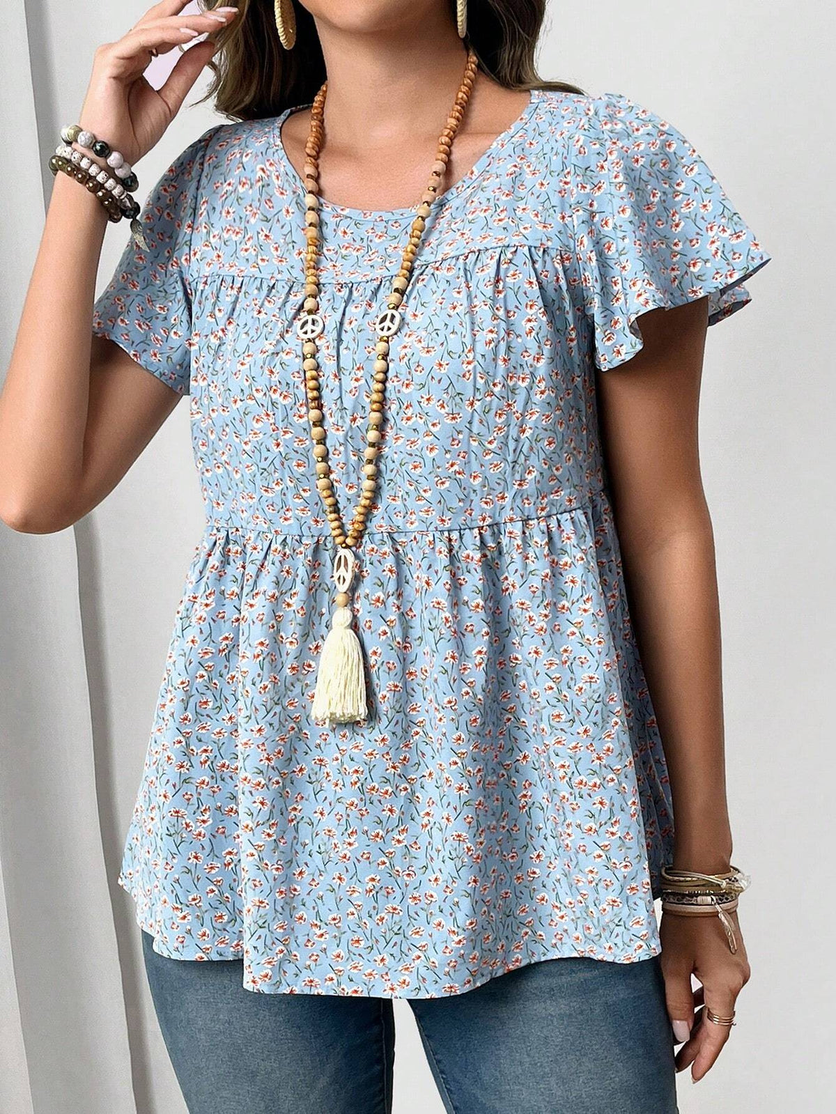 EMERY ROSE Women's Ditsy Floral Round Neck Ruffle Sleeve Loose Casual Shirt