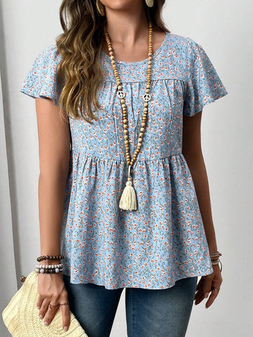 EMERY ROSE Women's Ditsy Floral Round Neck Ruffle Sleeve Loose Casual Shirt