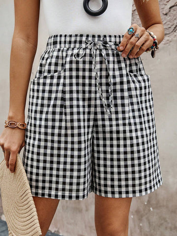 EMERY ROSE Women's Drawstring Plaid Printed Shorts With Pockets, Summer Casual Wear