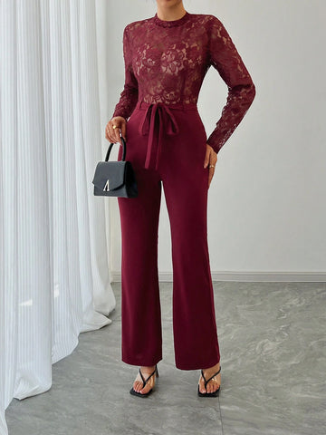 EMERY ROSE Women's Elegant Sexy Solid Color Lace Patchwork Jumpsuit