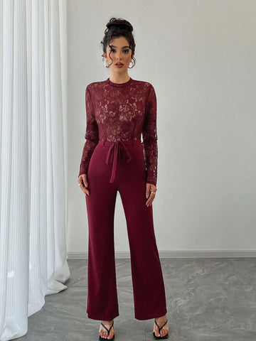 EMERY ROSE Women's Elegant Sexy Solid Color Lace Patchwork Jumpsuit