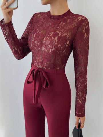 EMERY ROSE Women's Elegant Sexy Solid Color Lace Patchwork Jumpsuit