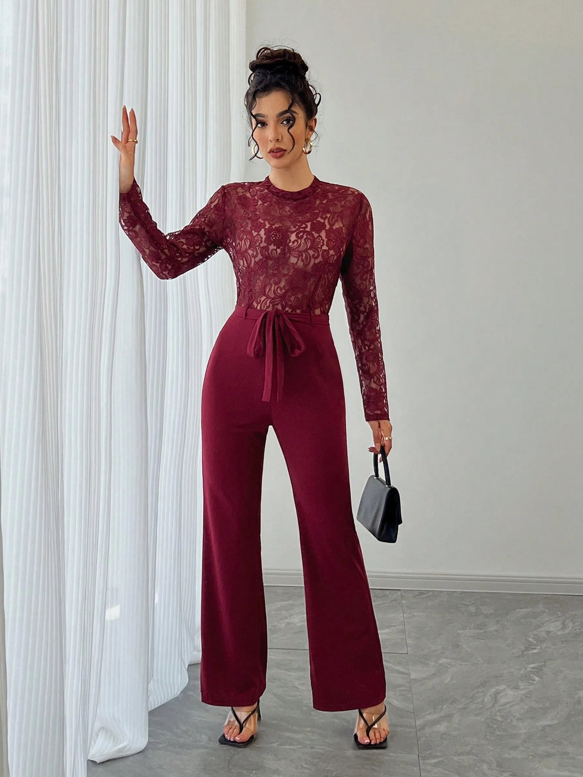 EMERY ROSE Women's Elegant Sexy Solid Color Lace Patchwork Jumpsuit
